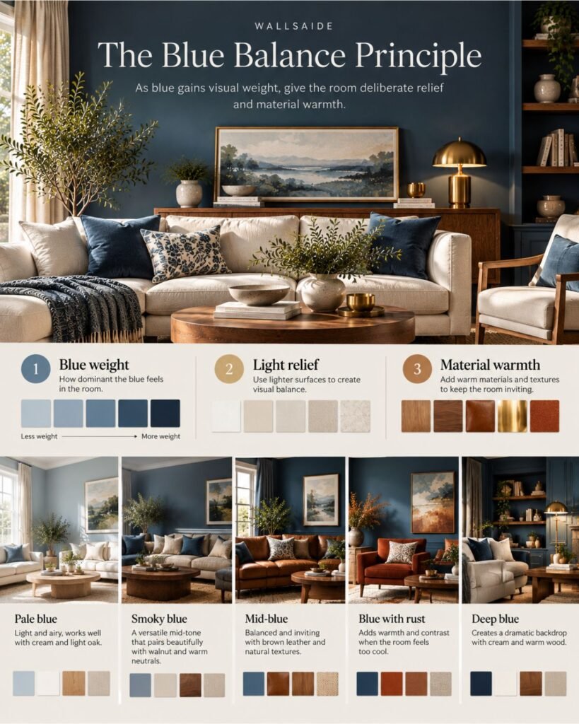 Wallsaide Blue Balance Principle showing how blue weight, light relief, and material warmth create a balanced living room