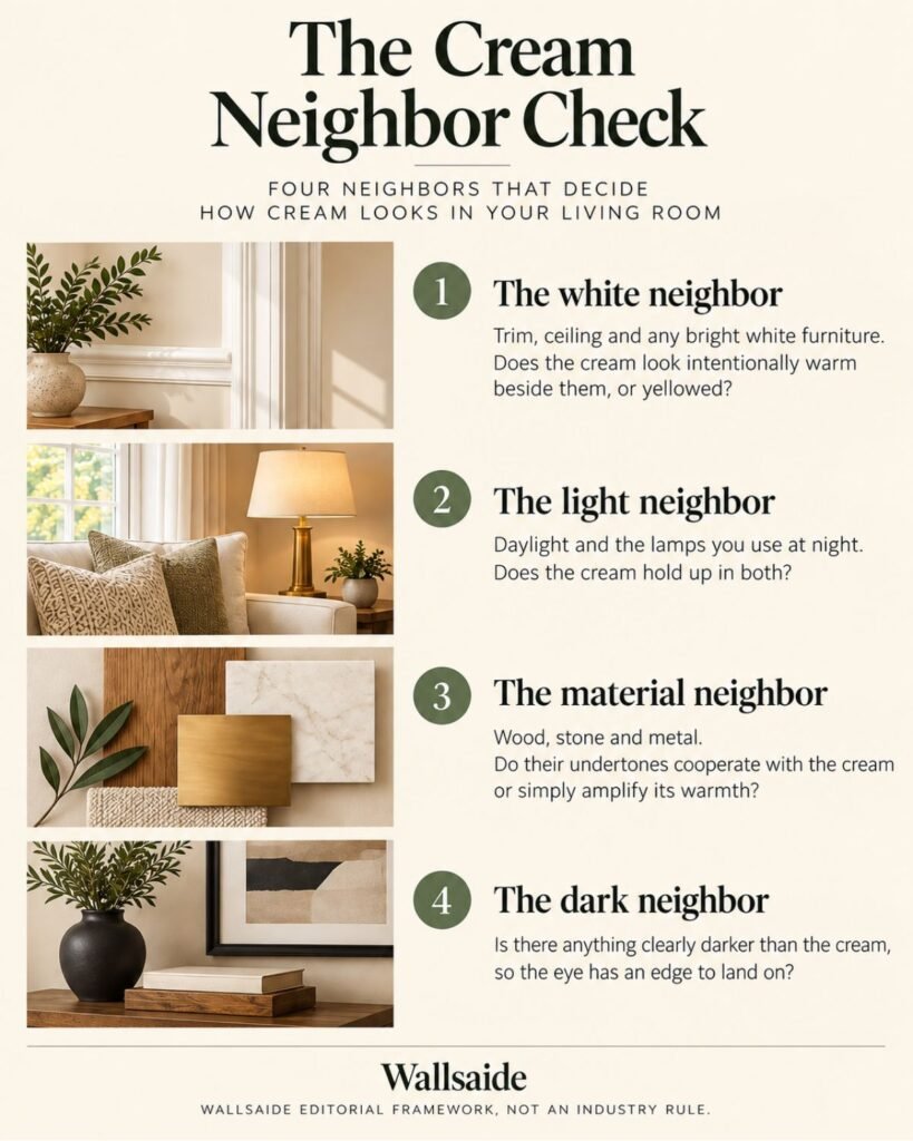 Infographic listing Wallsaide's four cream neighbors: white, light, material, and dark