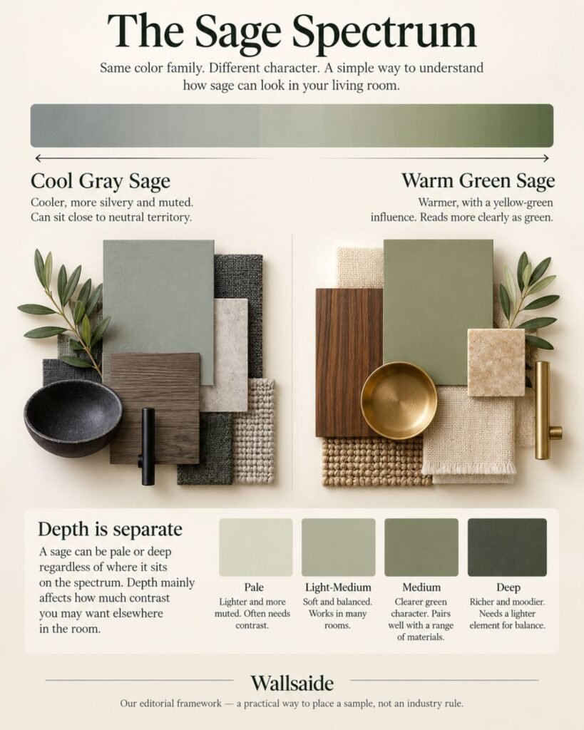 Wallsaide Sage Spectrum showing the range from cool gray sage to warm green sage with complementary material pairings