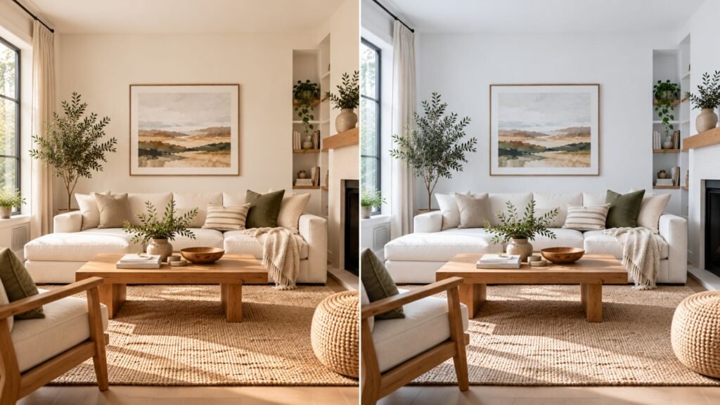 Comparison of the same living room wall painted a warm white next to a cooler blue-leaning white