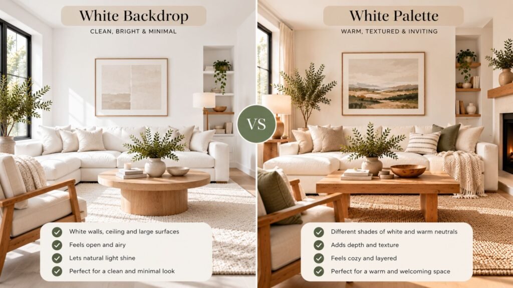 Comparison of a white living room used as a backdrop for wood and color next to an all-white living room built from layered texture instead