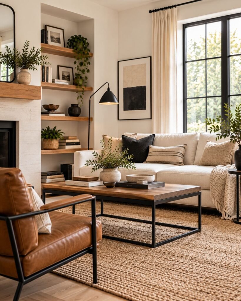 A living room with white walls, a black metal coffee table and frames, and warm wood shelving