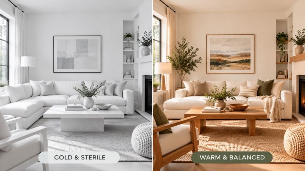 Comparison of the same living room reading cold and sterile next to the same room with warm materials and greater texture