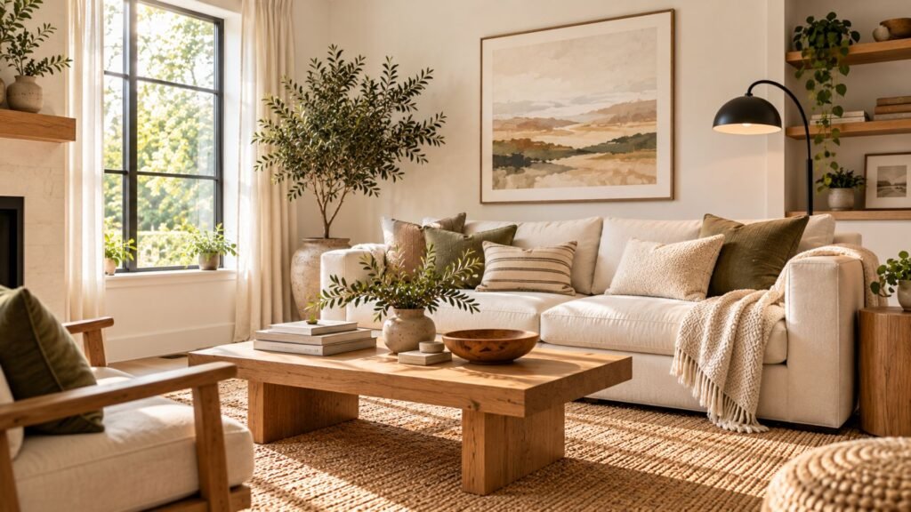 white living room ideas with warm oak furniture, an oatmeal sofa, and a black floor lamp