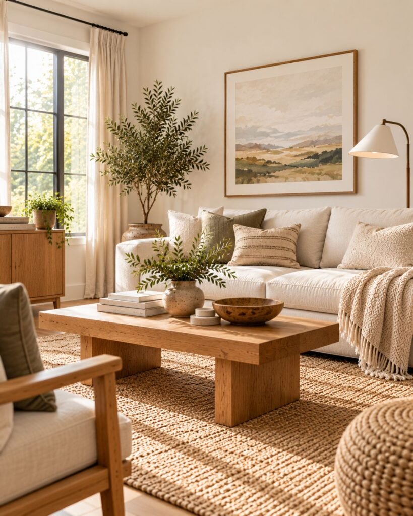 A living room with white walls, warm oak furniture, and an oatmeal linen sofa