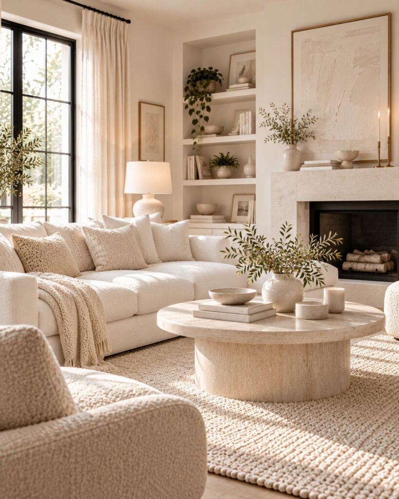An all-white living room using mixed matte and glossy finishes for separation instead of strong color