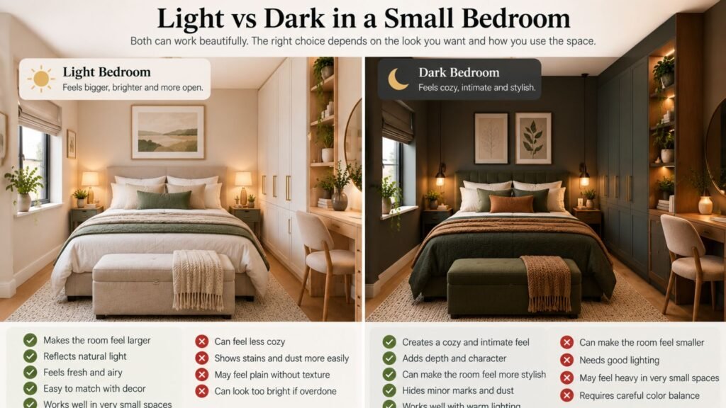 Two small bedrooms comparing a light airy tonal palette with a dark enveloping palette, both designed cohesively.