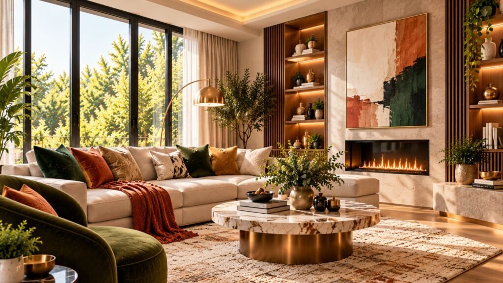 Balanced luxury living room using a few strong design decisions, restrained materials and minimal decorative accessories