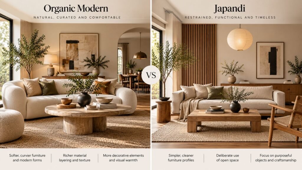Side-by-side living rooms comparing Organic Modern natural material layering with a more restrained Japandi arrangement
