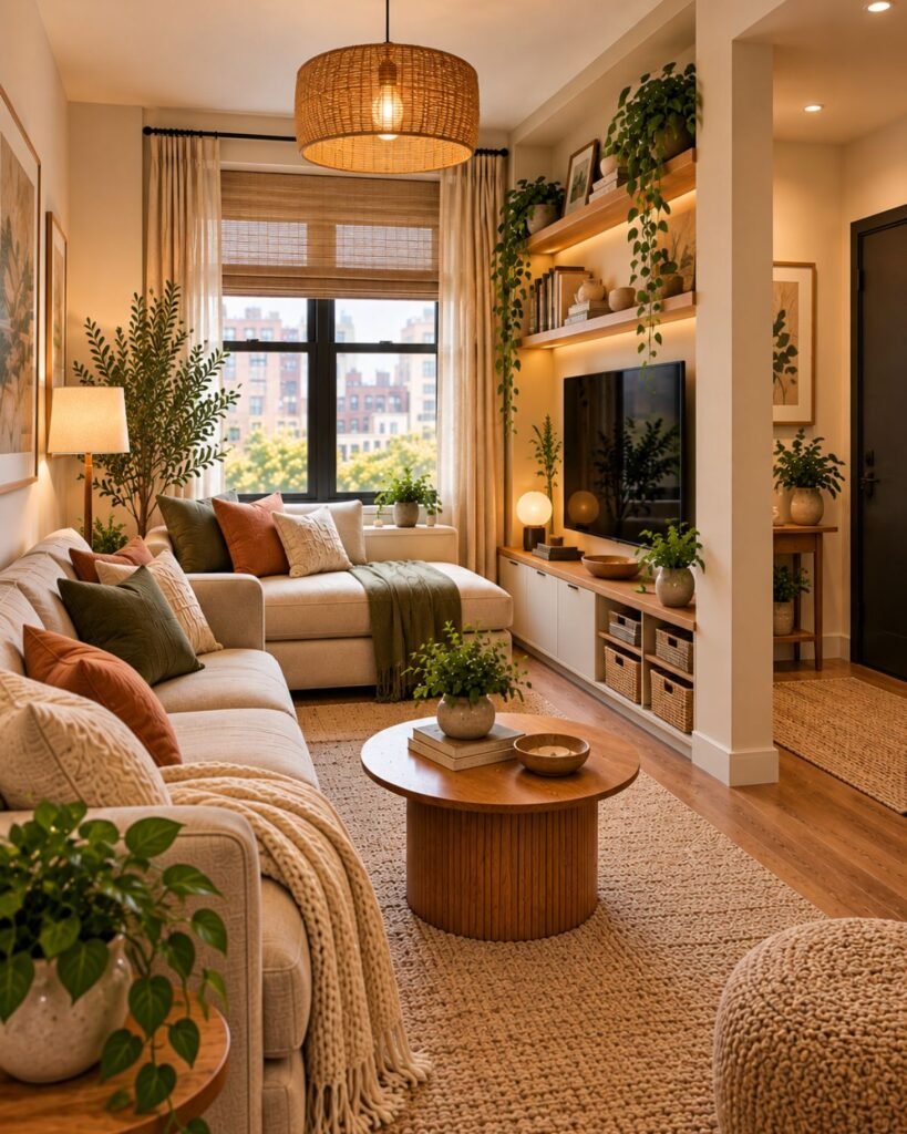 Small rental apartment living room styled with freestanding storage, lamps, rug, curtains, and movable furniture