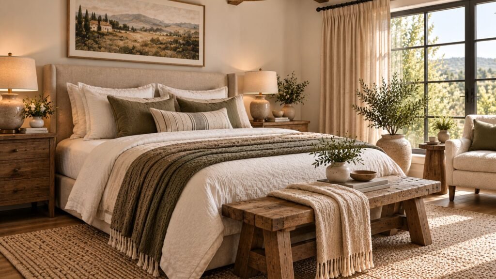 Rustic neutral bedroom with exposed timber beams, chalk plaster walls and natural linen bedding.
