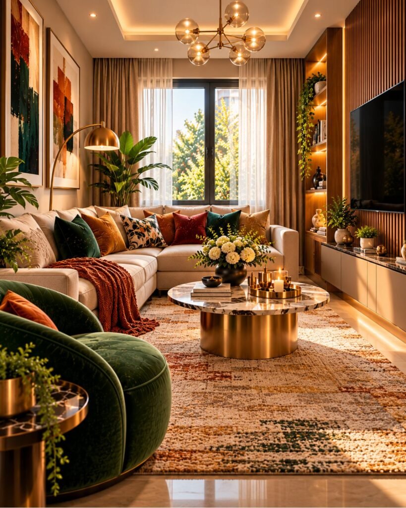 Small luxury living room with correctly scaled seating, full-length curtains, rich upholstery and one substantial material focal point
