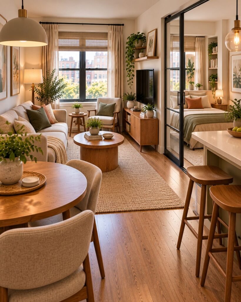 Studio apartment with a living zone defined by a rug, sofa, and floor lamp without a physical partition