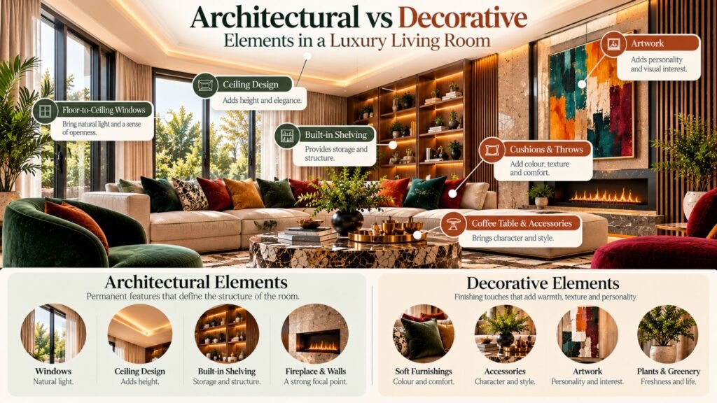 Split comparison showing architectural luxury through integrated joinery and wall detailing versus decorative luxury created with furniture, textiles and artwork