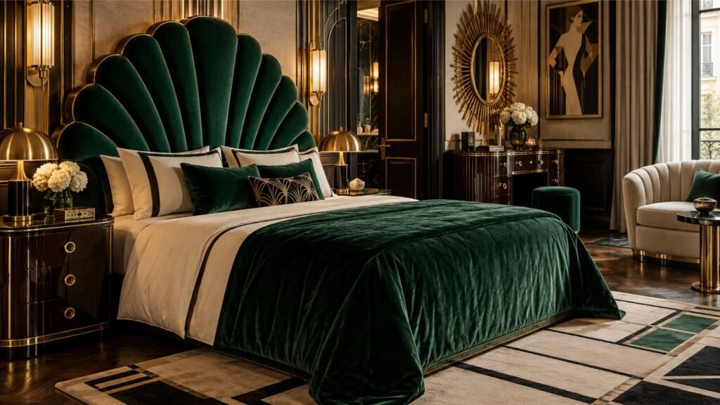 Art Deco luxury bedroom with an emerald velvet fan headboard and geometric brass details