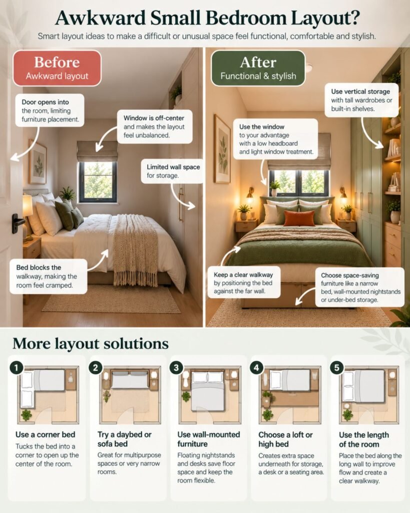 Awkward narrow bedroom with off-center window and limited wall space solved with an efficient bed position and integrated storage.