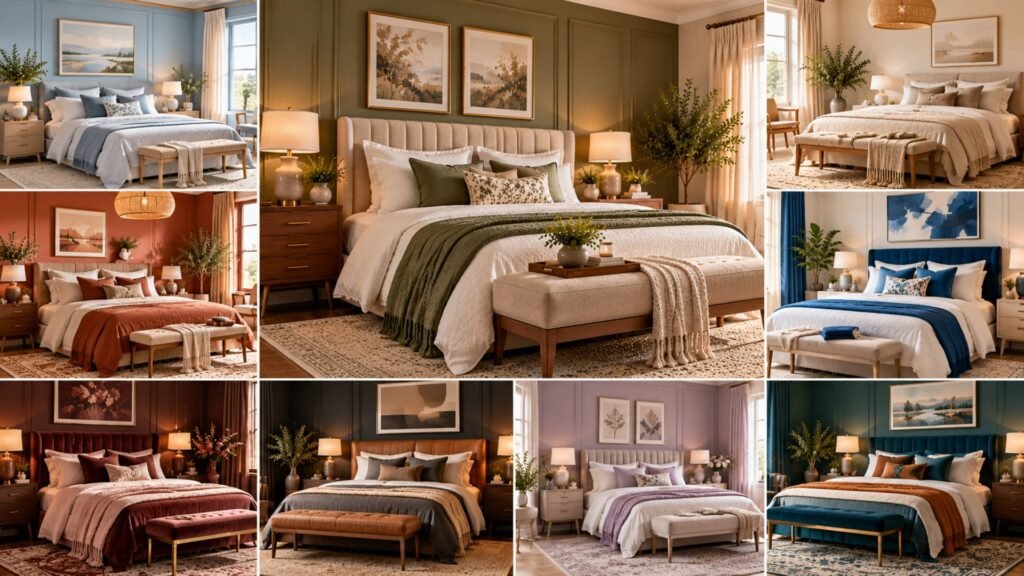 Bedroom color ideas featuring coordinated palettes, colorful accents and stylish bedroom interiors.