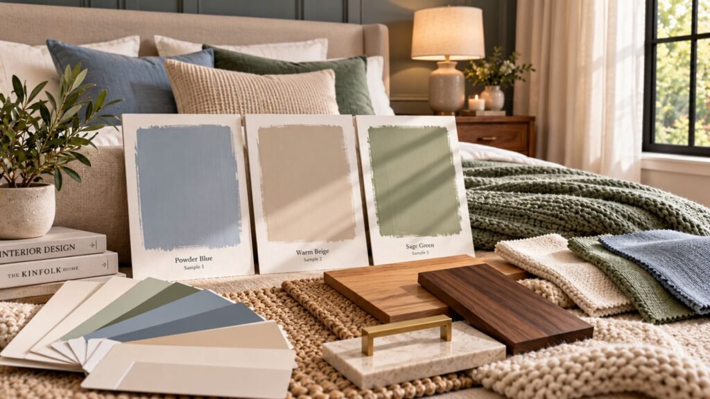 Bedroom paint color samples displayed beside wood finishes, bedding fabrics and natural light for comparing undertones.