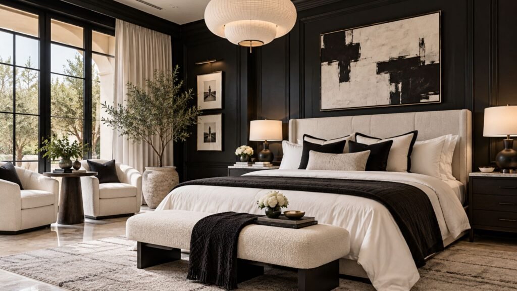 Black and white luxury bedroom featuring black oak wall paneling, crisp ivory bedding and sculptural lighting
