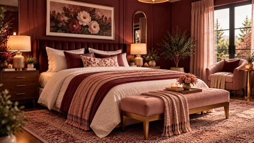 Romantic bedroom with muted burgundy walls, blush bedding, walnut furniture and warm brass lighting.