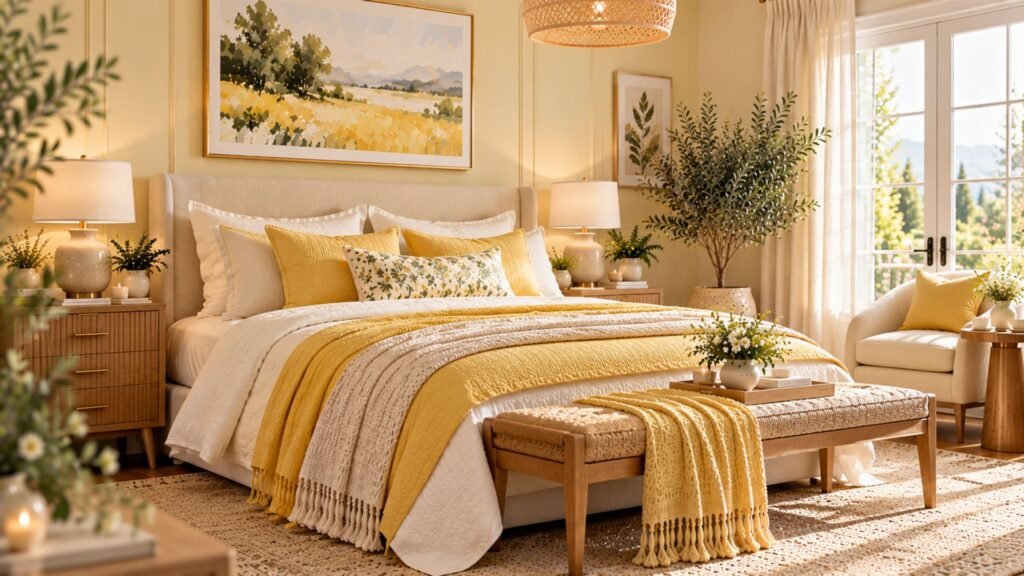 Sunlit bedroom with butter yellow accents, cream bedding, natural wood furniture and woven textures.