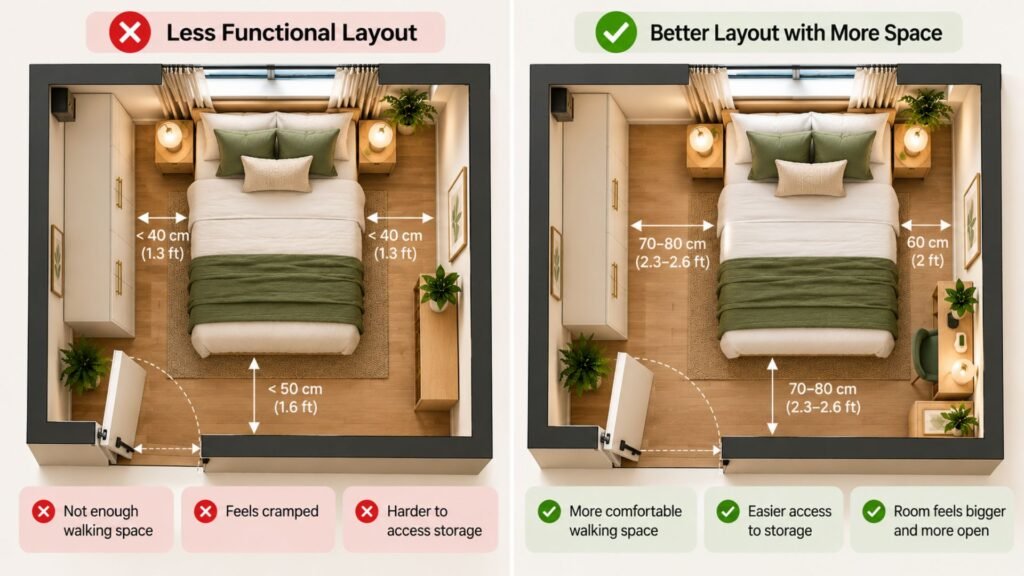 Small bedroom layout comparison showing a centered bed versus an offset bed with a wider, more useful walkway.