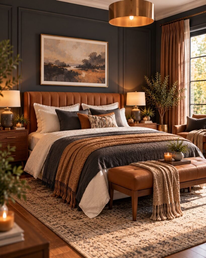 Modern charcoal bedroom with a caramel upholstered headboard, ivory bedding and dark walnut furniture.