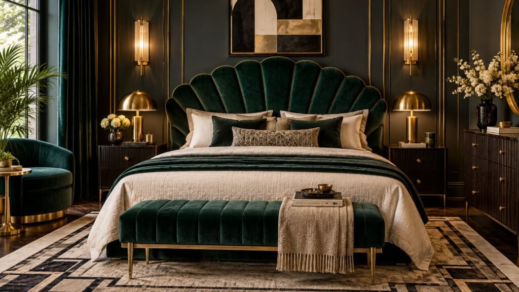 Deep charcoal bedroom with a gray upholstered bed, warm white bedding and a focused wall reading light.