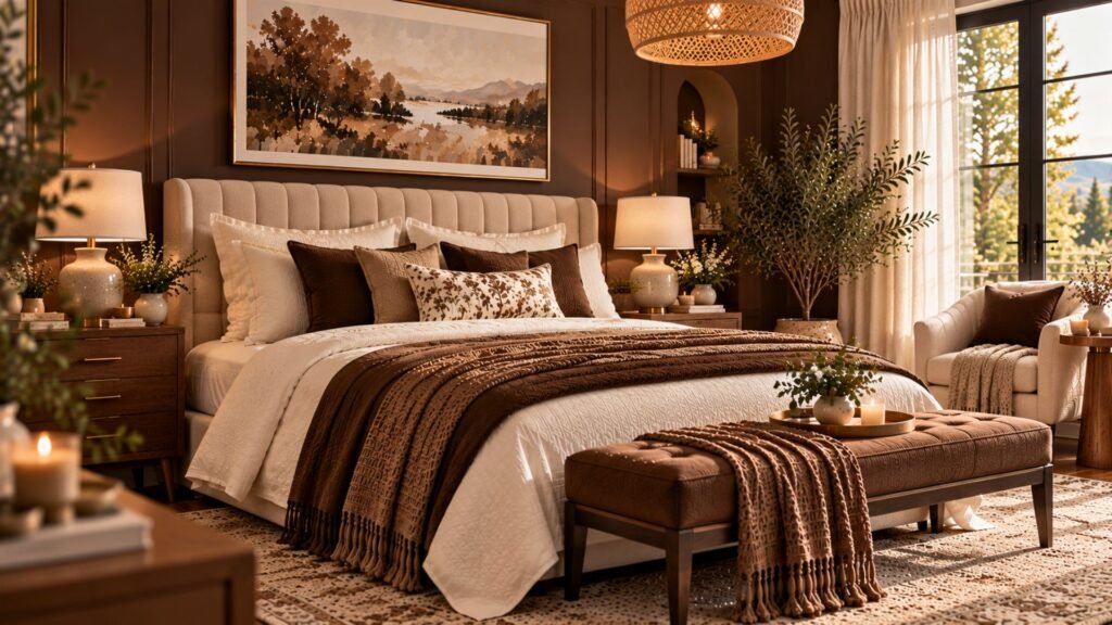 Elegant bedroom with chocolate brown paneled walls, ivory upholstered bed, walnut furniture and warm lighting.