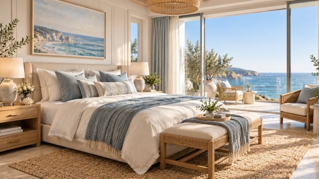Coastal luxury bedroom with white linen bedding, pale oak furnishings and expansive ocean views