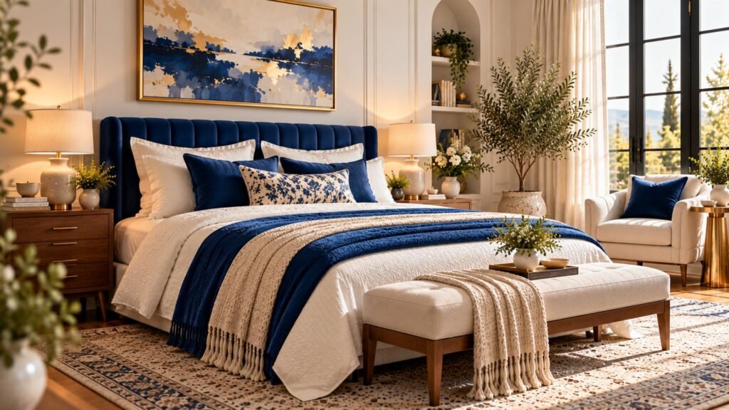 Contemporary ivory bedroom with a striking cobalt blue upholstered headboard and coordinated blue artwork.