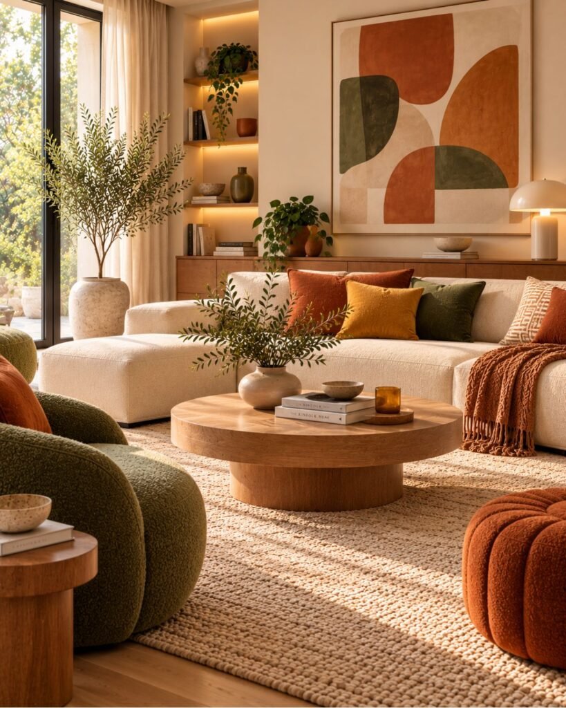 Colorful minimalist living room with a rust-toned sofa, restrained neutral surroundings and limited decorative objects