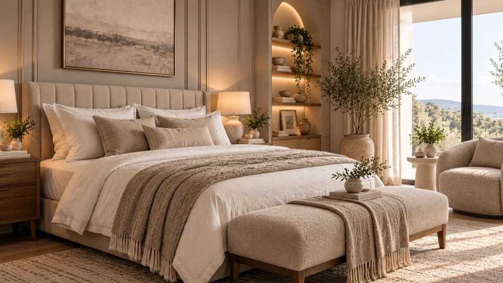 Cool gray neutral bedroom with alabaster linens, pewter upholstery and brushed steel fixtures.