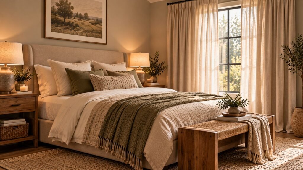 Inviting bedroom with floor-length oatmeal curtains, warm beige walls and layered neutral bedding