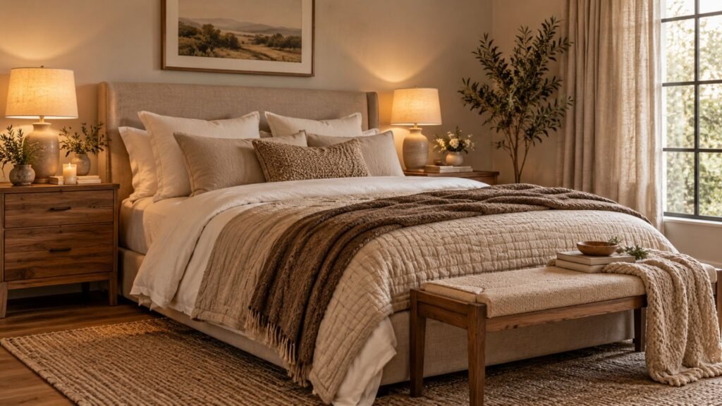 Warm cozy bedroom ideas with layered cream bedding, natural wood furniture, soft lighting and textured decor