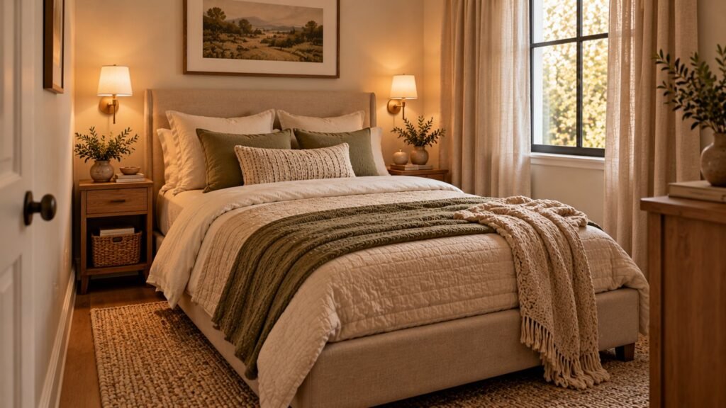 Organic bedroom with a natural oak bed, linen bedding and warm wooden furniture