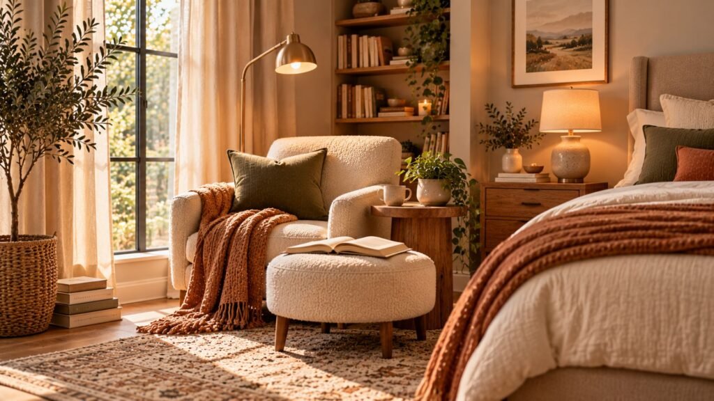 Cozy bedroom reading corner with a caramel armchair, floor lamp, books and small wooden table