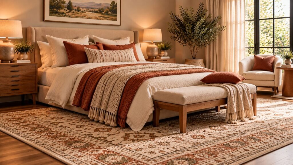 Cozy bedroom with a large mushroom-colored upholstered headboard and warm bedside lamps