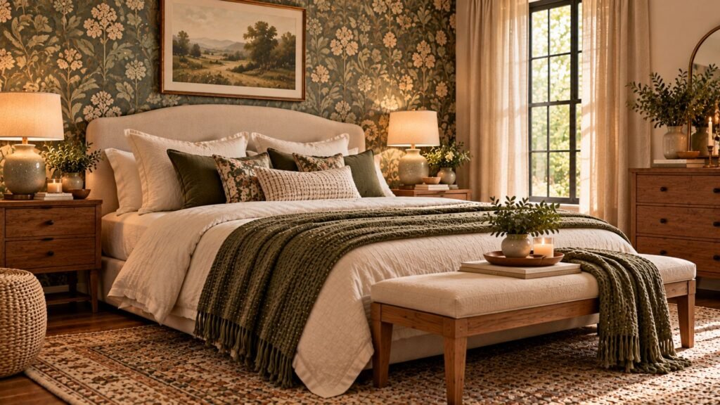 Cozy bedroom with muted botanical wallpaper, painted bedside furniture and cream bedding