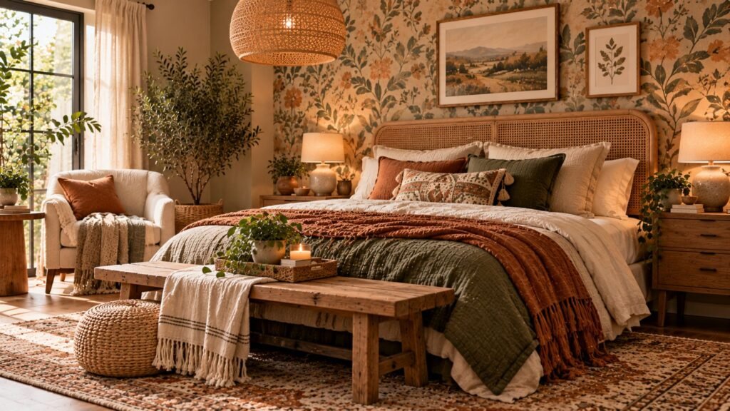 Relaxed boho bedroom with woven lighting, natural wood furniture, rust textiles and a vintage-style rug