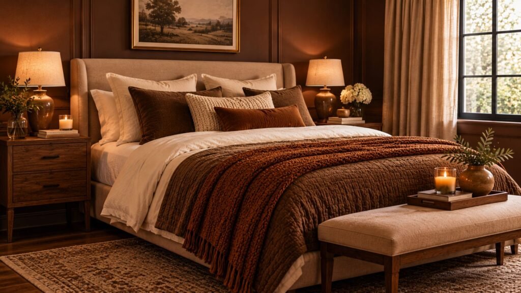 Moody chocolate brown bedroom with ivory bedding, caramel accents and walnut furniture