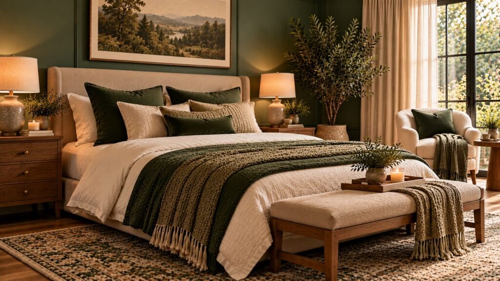 Cozy bedroom reading corner with a caramel armchair, floor lamp, books and small wooden table