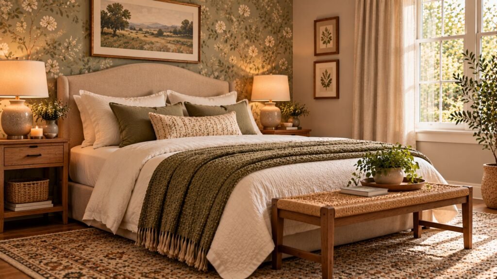 Welcoming guest bedroom with cream bedding, sage accents, bedside lamps and practical furniture