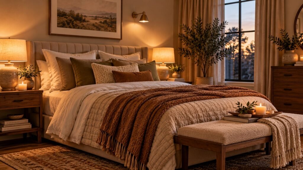 Cozy bedroom at dusk with warm bedside lamps, shaded wall sconces and soft ambient lighting