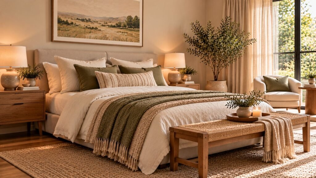 Minimalist bedroom with a low wooden bed, wool rug and soft neutral linen bedding