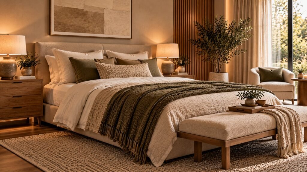 Modern cozy bedroom with streamlined furniture, textured bedding, oak finishes and soft lighting