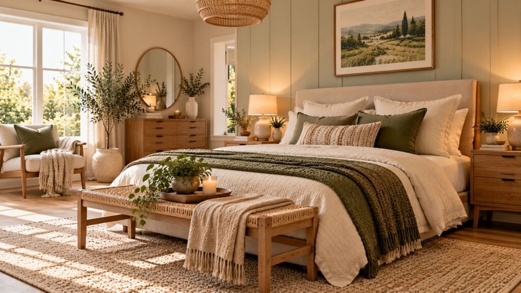 Scandinavian bedroom with pale oak furniture, ivory bedding, wool textiles and warm neutral walls