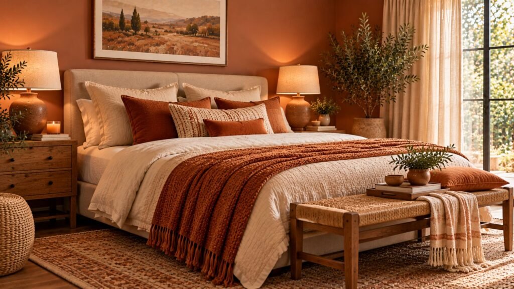 Earthy bedroom with terracotta bedding, sand-colored walls and natural wood furniture