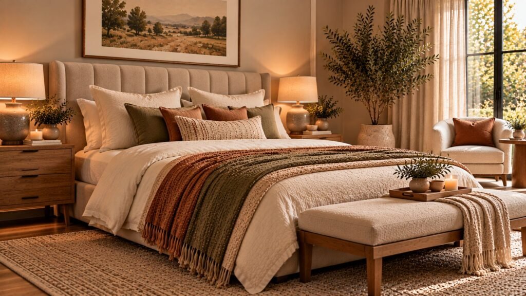 Cozy bedroom with a large mushroom-colored upholstered headboard and warm bedside lamps