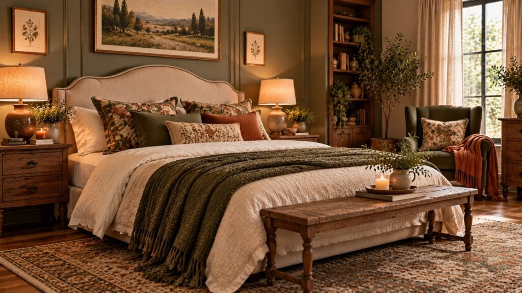 Vintage-inspired bedroom combining a walnut dresser, contemporary cream bed and warm lighting